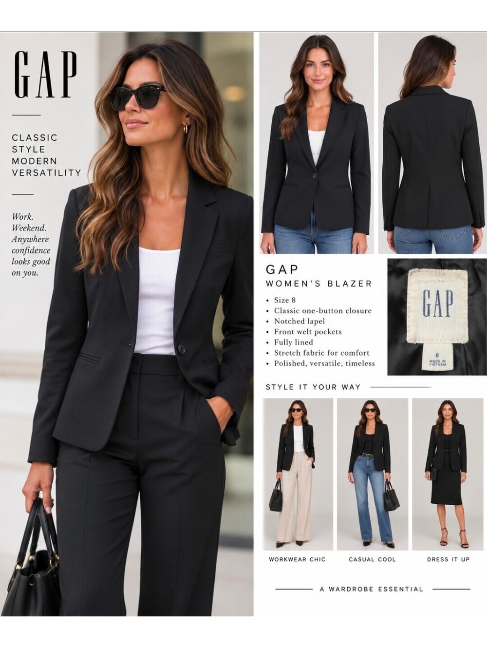 GAP Women’s Black Stretch One Button Blazer Jacket Career Workwear Size 8